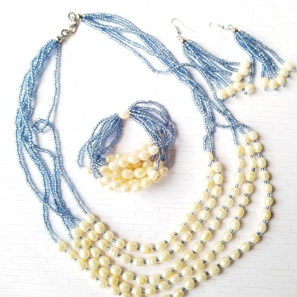 COPY - Freshwater Pearl and Blue Seedbead Jewelry Set